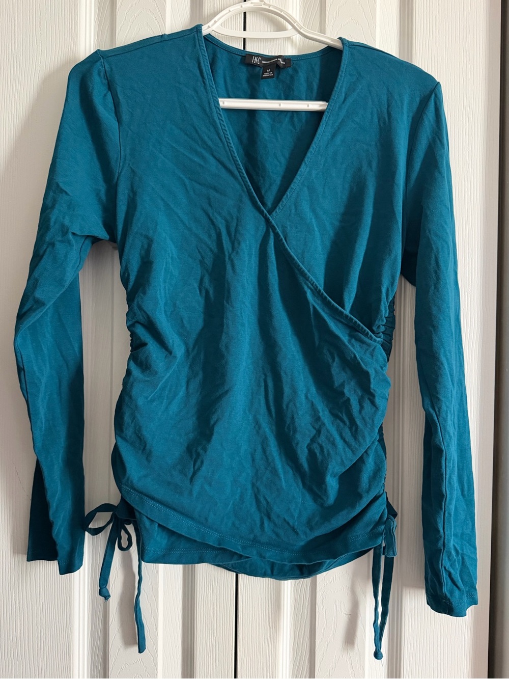 INC International Concepts Teal Wrap-Front Long Sleeve Top